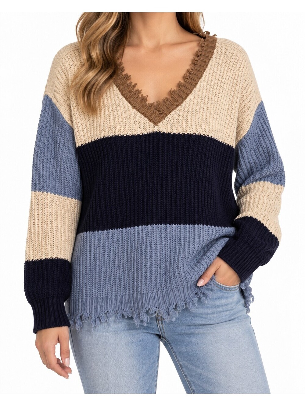 Alison Andrews XL Colorblock Distressed Knit Sweater V Neck Blue Cream Brown